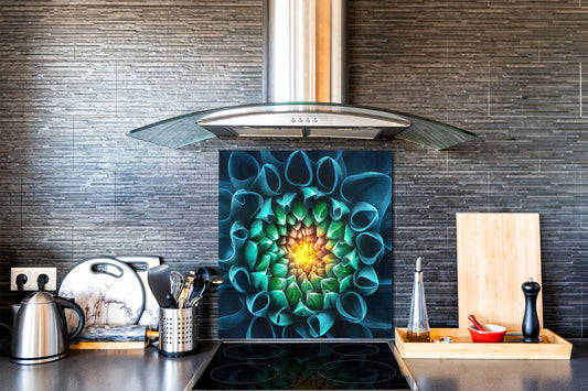 Stylish Tempered glass backsplash – Glass kitchen splashback – Glass upstand NBS14: Nature Series : Blue-green flower