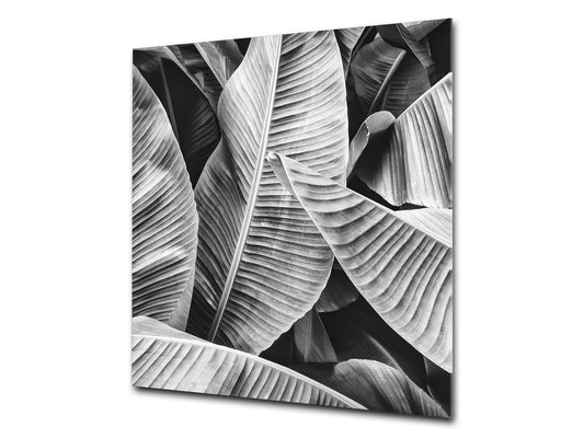 Stylish Tempered glass backsplash – Glass kitchen splashback – Glass upstand NBS14: Nature Series : Black and white banana leaves