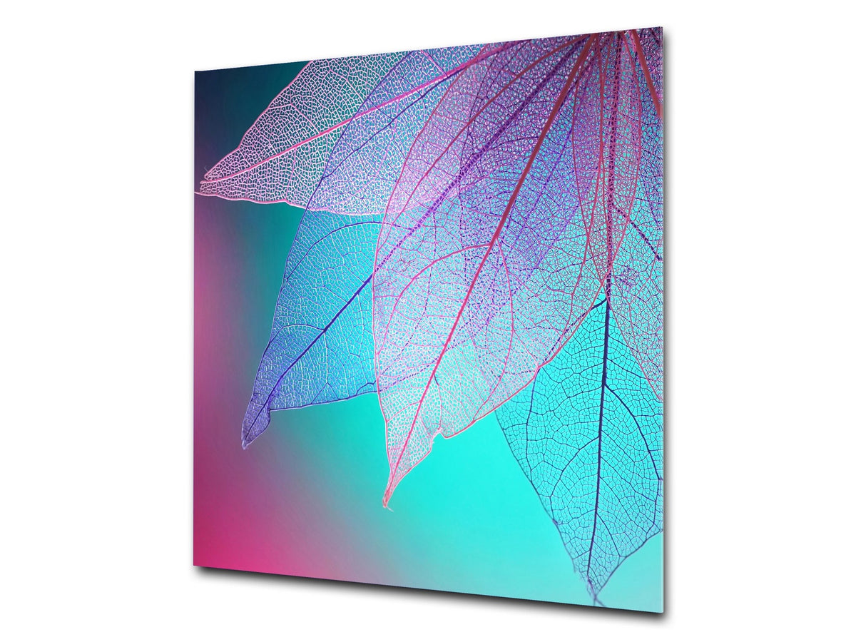 Stylish Tempered glass backsplash – Glass kitchen splashback – Glass upstand NBS14: Nature Series : Transparent turqoise leaves