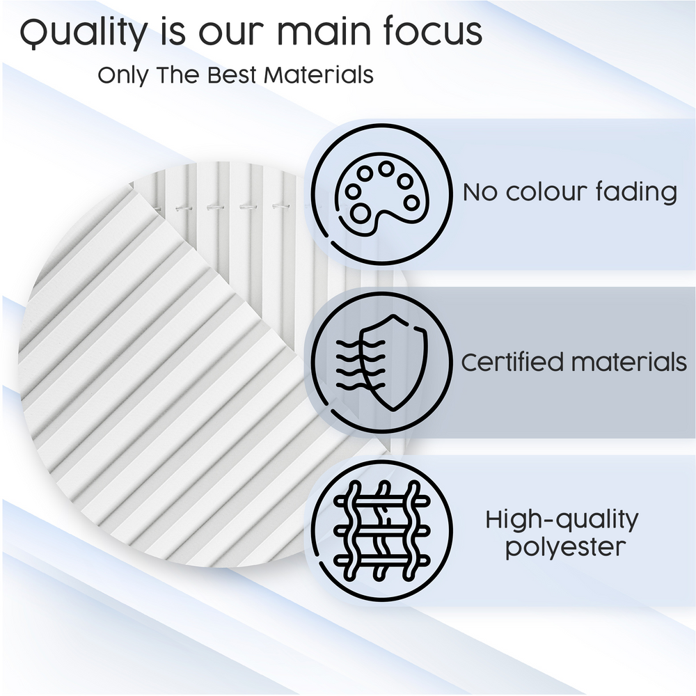 Characteristics of the pleated shades: no colour fading, certified materials, high-quality polyester.