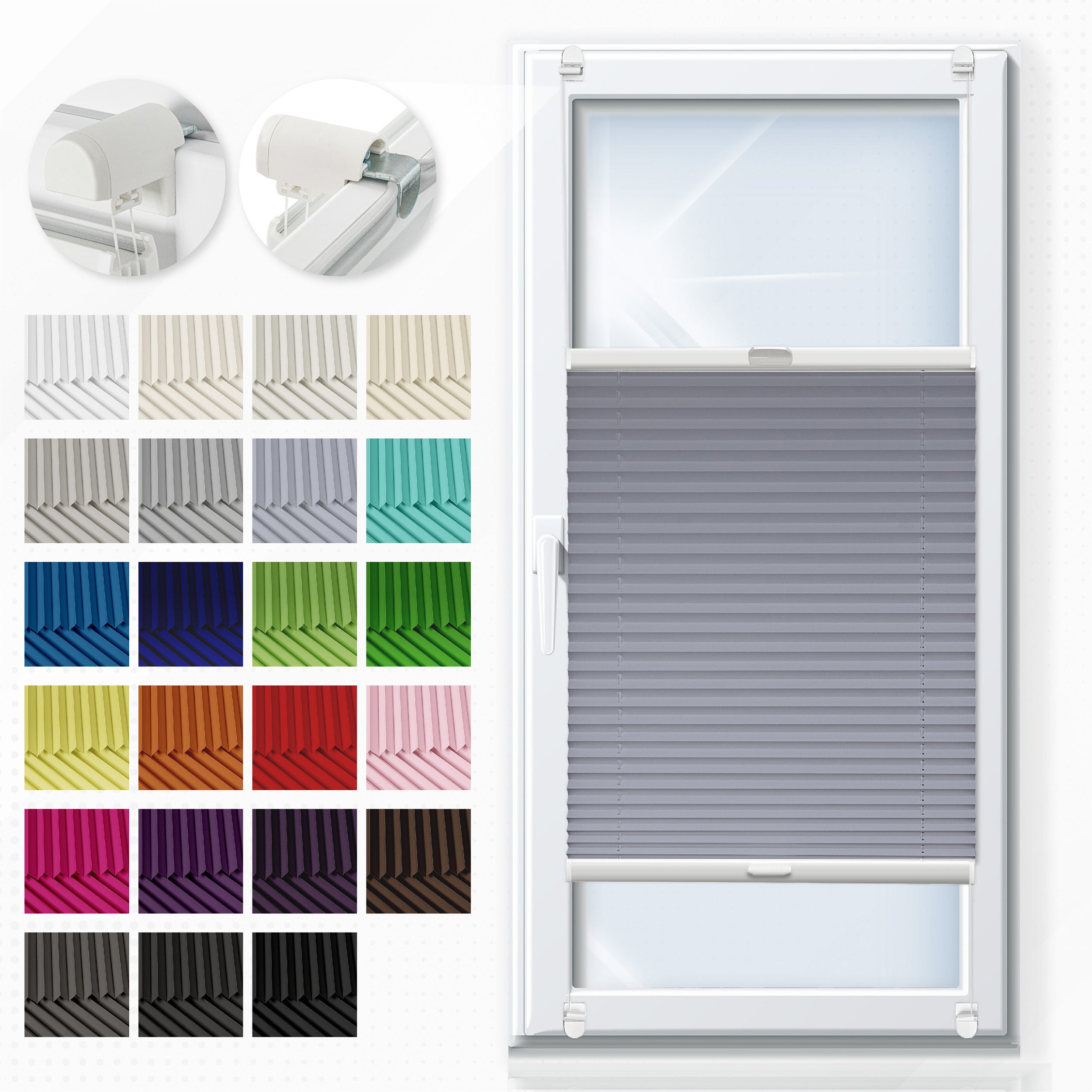 Custom pleated blind installed on window using no-drill mounting.