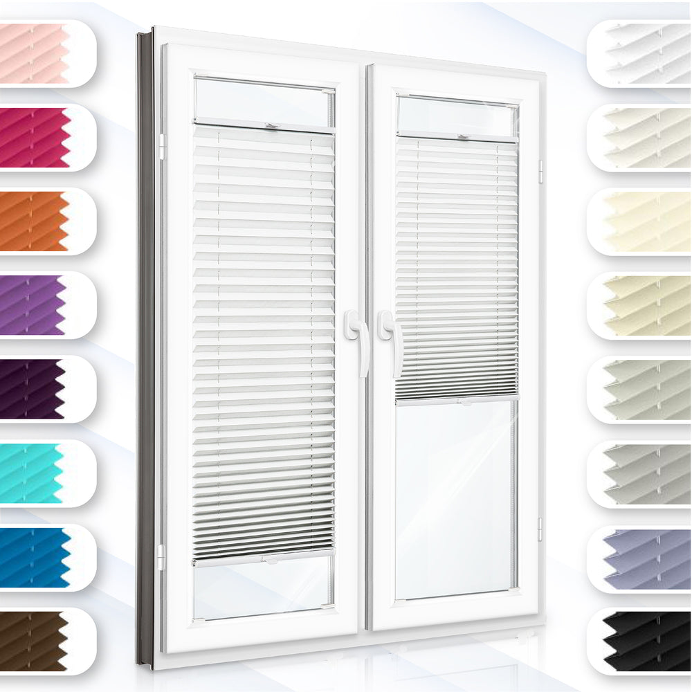 Close-up of custom pleated fabric window shades installed with drilling