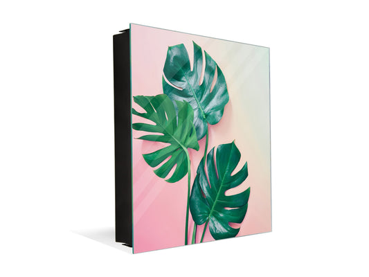 Decorative Key Organizer with Magnetic Surface Dry-Erase Board KN11 Tropical Leaves Series: Monstera on pink background
