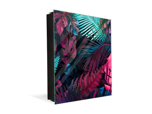Decorative key Storage Cabinet with Glass White Board KN07: Abstract tropical leaves