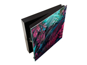 Decorative key Storage Cabinet with Glass White Board KN07: Abstract tropical leaves