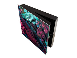 Decorative key Storage Cabinet with Glass White Board KN07: Abstract tropical leaves