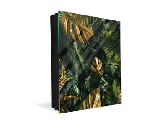 Decorative Key Organizer with Magnetic Surface Dry-Erase Board KN11 Tropical Leaves Series: Gold-green jungle