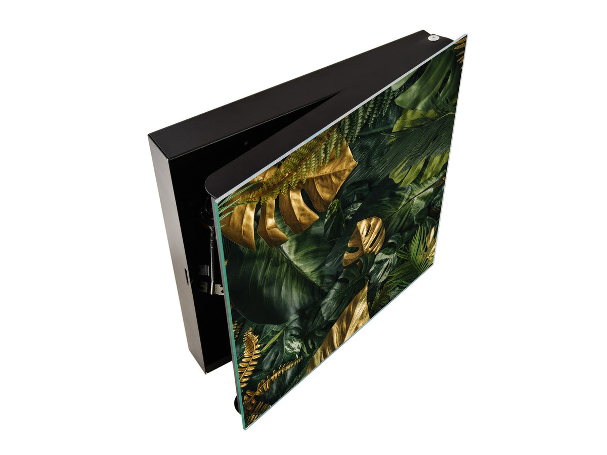 Decorative Key Organizer with Magnetic Surface Dry-Erase Board KN11 Tropical Leaves Series: Gold-green jungle