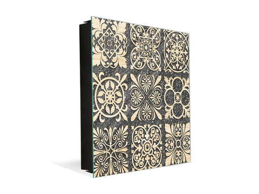 Decorative key Storage Cabinet with Glass White Board KN07: Sculpted mosaic pattern
