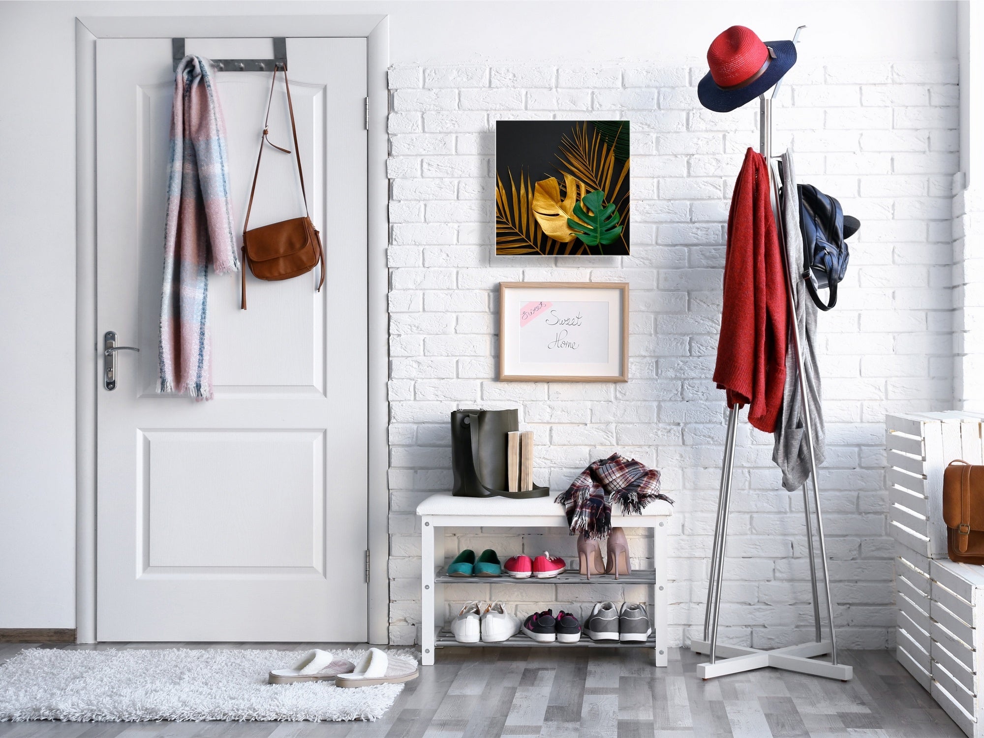 Decorative Key Organizer with Magnetic Surface Dry-Erase Board KN11 Tropical Leaves Series: Painted gold leaves