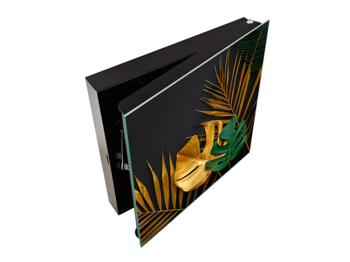 Decorative Key Organizer with Magnetic Surface Dry-Erase Board KN11 Tropical Leaves Series: Painted gold leaves
