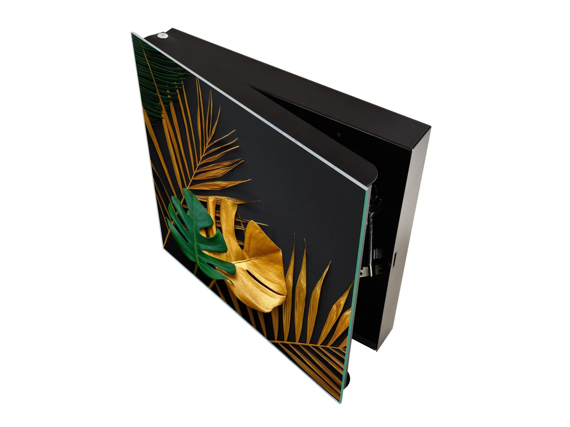 Decorative Key Organizer with Magnetic Surface Dry-Erase Board KN11 Tropical Leaves Series: Painted gold leaves