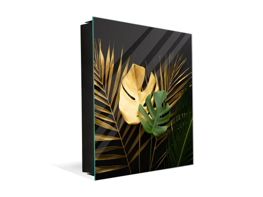 Decorative Key Organizer with Magnetic Surface Dry-Erase Board KN11 Tropical Leaves Series: Leave texture on black background