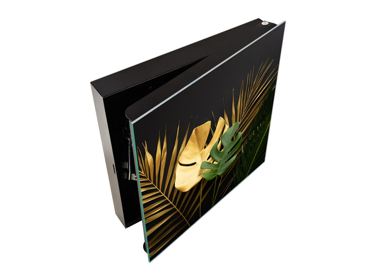 Decorative Key Organizer with Magnetic Surface Dry-Erase Board KN11 Tropical Leaves Series: Leave texture on black background