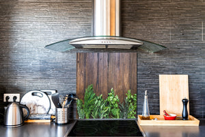 Elegante paraschizzi vetro temperato – Paraspruzzi cucina vetro – Pannello vetro BS01 Serie erbe:  Erbe di legno