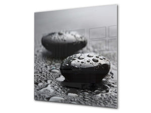 Pantalla anti-salpicaduras cocina – Frente de cocina de cristal templado – BS02 Serie Piedras: Gotas de agua sobre piedra 1