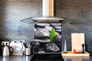 Einzigartiges Glas-Küchenpanel – Hartglas-Rückwand – Kunstdesign Glasaufkantung BS02 Serie Stein: Stone Water Drops 2