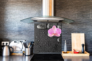 Originale pannello cucina vetro – Paraschizzi vetro – Pannello vetro artistico BS02 Serie pietre:  Orchidea Gocce D'acqua