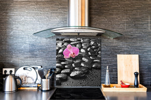 Einzigartiges Glas-Küchenpanel – Hartglas-Rückwand – Kunstdesign Glasaufkantung BS02 Serie Stein: Orchid Stones