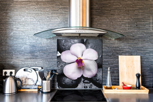 Einzigartiges Glas-Küchenpanel – Hartglas-Rückwand – Kunstdesign Glasaufkantung BS02 Serie Stein: Flower Water Drops