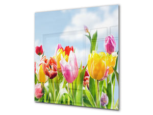 Paraschizzi vetro rinforzato – Paraspruzzi artistico stampato su vetro BS04 Serie soffioni e fiori  : Prato di tulipani