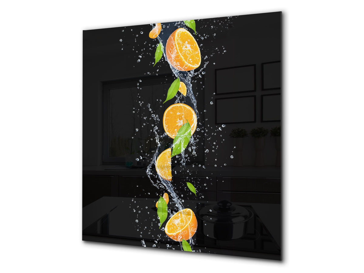 Glass kitchen splashback – Glass upstand BS09 Water splash Series: Orange In Water 3