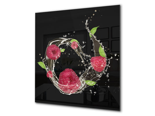 Glass kitchen splashback – Glass upstand BS09 Water splash Series: Raspberry In Water