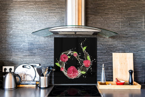 Elegante paraschizzi vetro temperato – Paraspruzzi cucina vetro – Pannello vetro BS09 Serie gocce d’acqua  Lampone In Acqua