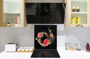 Glass kitchen splashback – Glass upstand BS09 Water splash Series: Strawberries In Water