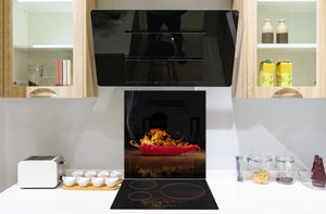 Frente de cocina de cristal templado BS10 Serie pimietos: Chiles en el fuego