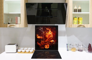 Paraschizzi in vetro temperato stampato – Paraspruzzi da cucina in vetro BS14 Serie fuoco: Fiore infuocato 1