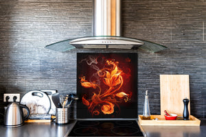 Paraschizzi in vetro temperato stampato – Paraspruzzi da cucina in vetro BS14 Serie fuoco: Fiore infuocato 1