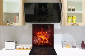 Paraschizzi in vetro temperato stampato – Paraspruzzi da cucina in vetro BS14 Serie fuoco: Fiore infuocato 2