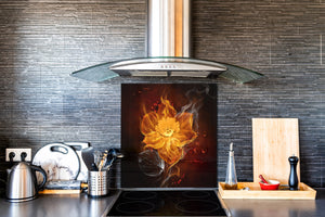 Paraschizzi in vetro temperato stampato – Paraspruzzi da cucina in vetro BS14 Serie fuoco: Fiore infuocato 3