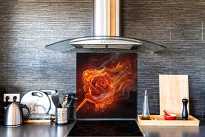Paraschizzi in vetro temperato stampato – Paraspruzzi da cucina in vetro BS14 Serie fuoco: Fire Rose 2