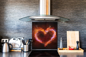 Paraschizzi in vetro temperato stampato – Paraspruzzi da cucina in vetro BS14 Serie fuoco: Heart Fire 1