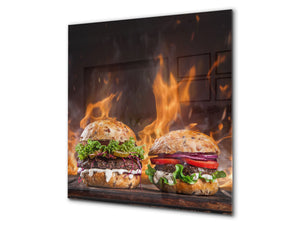 Paraschizzi in vetro temperato stampato – Paraspruzzi da cucina in vetro BS14 Serie fuoco: Hamburger di fastfood