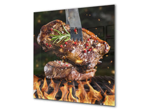 Antiprojections en verre cuisine BS14 Série feu: Steak sur le grill