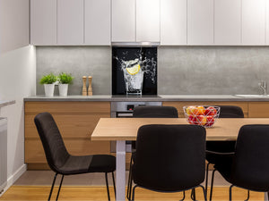 Elegante paraschizzi vetro temperato – Paraspruzzi cucina vetro – Pannello vetro BS09 Serie gocce d’acqua  Bevanda al limone