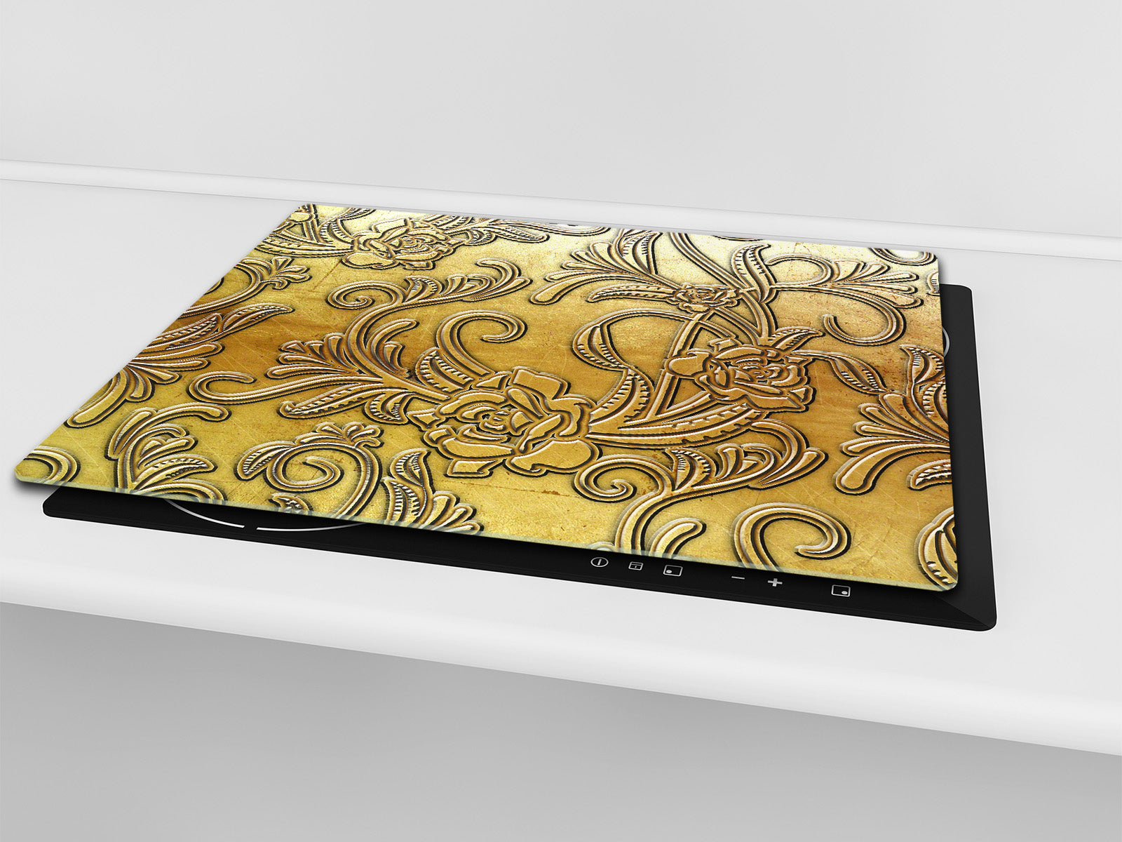 TEMPERED GLASS CHOPPING BOARD – Glass Cutting Board and Worktop Saver – Worktop protector; MEASURES: SINGLE: 60 x 52 cm (23,62” x 20,47”); DOUBLE: 30 x 52 cm (11,81” x 20,47”); D30 Decorative Surfaces Series: Metal flowers