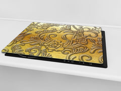 TEMPERED GLASS CHOPPING BOARD – Glass Cutting Board and Worktop Saver – Worktop protector; MEASURES: SINGLE: 60 x 52 cm (23,62” x 20,47”); DOUBLE: 30 x 52 cm (11,81” x 20,47”); D30 Decorative Surfaces Series: Metal flowers