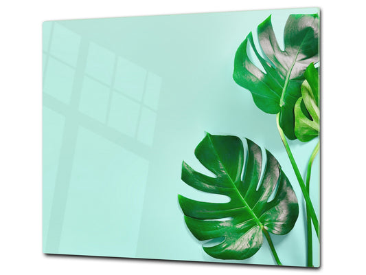 Induction Cooktop Cover Kitchen Board – Impact Resistant Glass Pastry Board – Heat resistant; MEASURES: SINGLE: 60 x 52 cm (23,62” x 20,47”); DOUBLE: 30 x 52 cm (11,81” x 20,47”); D31 Tropical Leaves Series: Monstera summer leaves