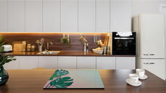 Induction Cooktop Cover Kitchen Board – Impact Resistant Glass Pastry Board – Heat resistant; MEASURES: SINGLE: 60 x 52 cm (23,62” x 20,47”); DOUBLE: 30 x 52 cm (11,81” x 20,47”); D31 Tropical Leaves Series: Monstera on pink background