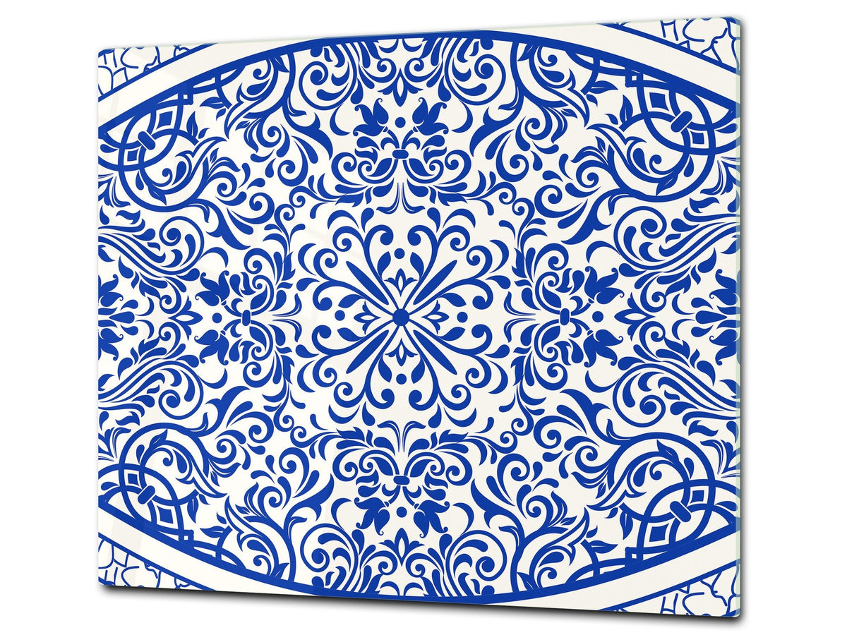 Tempered GLASS Kitchen Board – Impact & Scratch Resistant D27 Vintage leaves and patterns Series: Blue Spanish mosaic