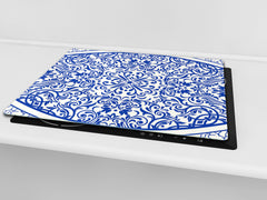Tempered GLASS Kitchen Board – Impact & Scratch Resistant D27 Vintage leaves and patterns Series: Blue Spanish mosaic