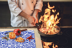 Tempered GLASS Kitchen Board – Impact & Scratch Resistant D27 Vintage leaves and patterns Series: Blue Spanish mosaic