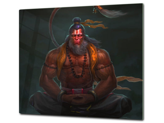 Chopping Board Set - Induction Cooktop Cover – Glass Cutting Board; MEASURES: SINGLE: 60 x 52 cm (23,62” x 20,47”); DOUBLE: 30 x 52 cm (11,81” x 20,47”); D33 Abstract Graphics Series: Image of God Hanuman