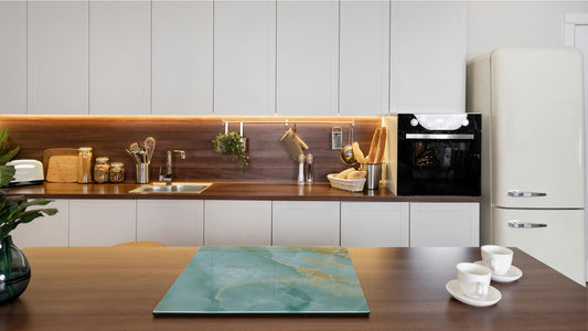 CUTTING BOARD and Cooktop Cover - Impact & Shatter Resistant Glass D21 Marbles 1 Series: Turqouise onyx pattern