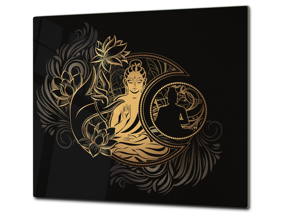 Chopping Board Set - Induction Cooktop Cover – Glass Cutting Board; MEASURES: SINGLE: 60 x 52 cm (23,62” x 20,47”); DOUBLE: 30 x 52 cm (11,81” x 20,47”); D33 Abstract Graphics Series: Ethnic spirituality