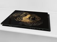Chopping Board Set - Induction Cooktop Cover – Glass Cutting Board; MEASURES: SINGLE: 60 x 52 cm (23,62” x 20,47”); DOUBLE: 30 x 52 cm (11,81” x 20,47”); D33 Abstract Graphics Series: Ethnic spirituality